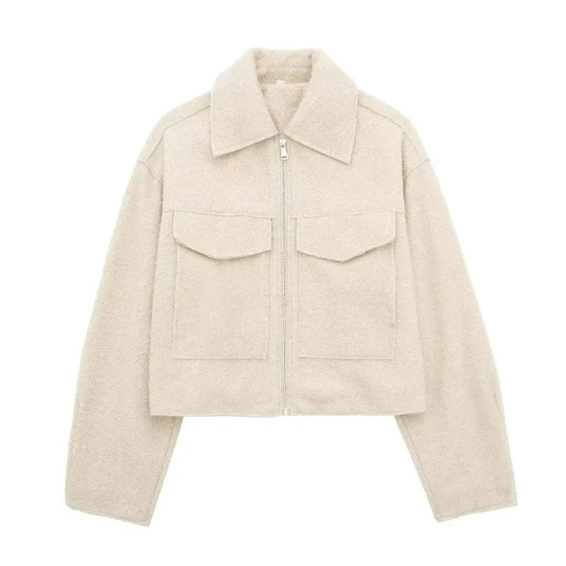Knit Fashion Warm Jackets Coat Women's Zipper Pocket Solid Lapel Loose Commute Stitch Sweatshirt Female Autumn Jackets New