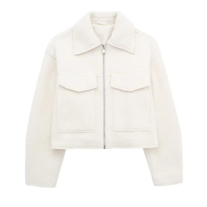 Knit Fashion Warm Jackets Coat Women's Zipper Pocket Solid Lapel Loose Commute Stitch Sweatshirt Female Autumn Jackets New