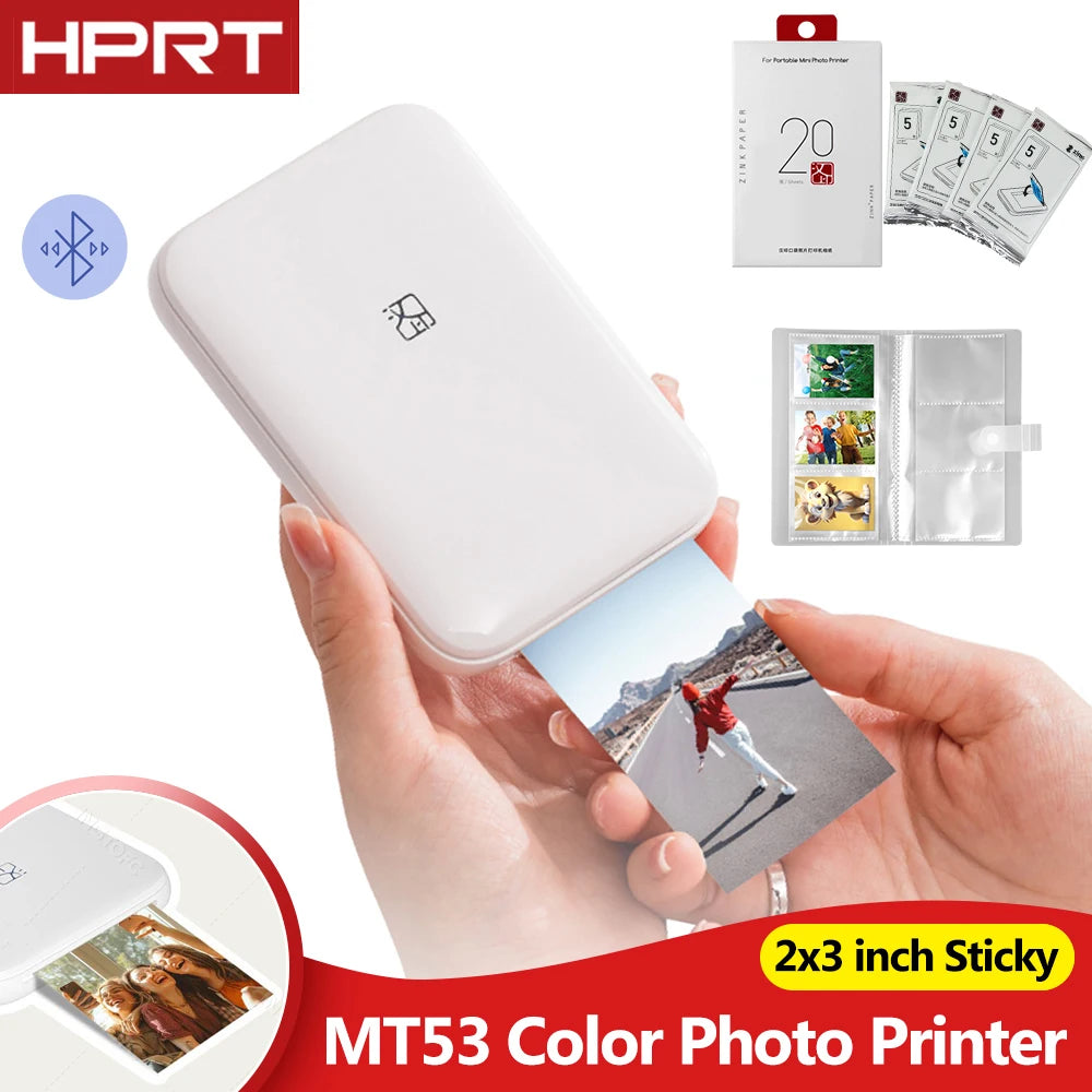HPRT MT53 Portable Photo Printer Pocket Zink Technology Bluetooth Print 2x3'' Sticky-Backed Photo Paper Machine with Papers Case