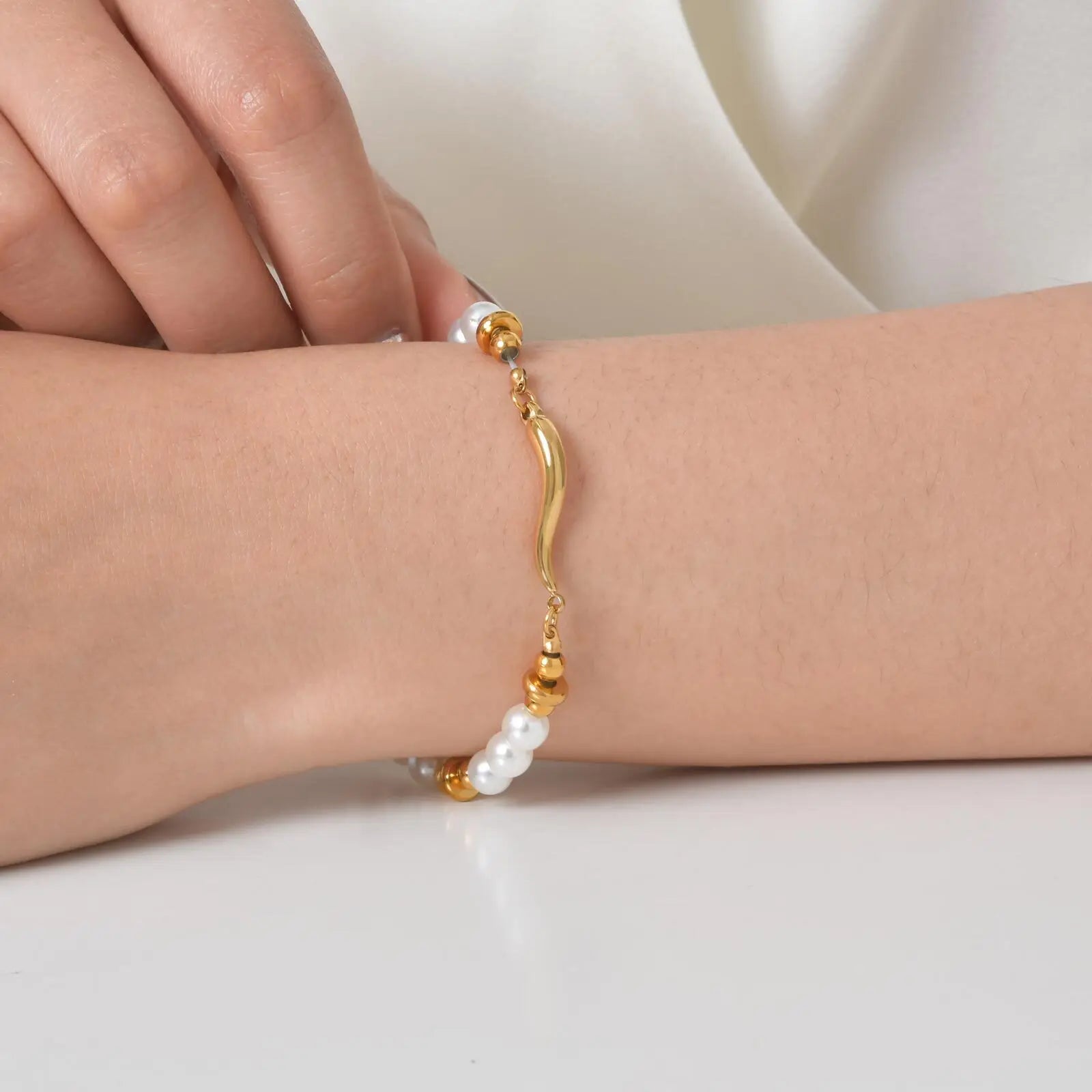 Vnox Gold Plated Bead Pearl Chain Bracelet For Women, Charm Multilayer Wristband, Stainless Steel Waterproof Jewelry