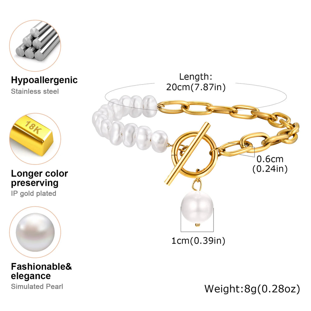 Vnox Gold Plated Bead Pearl Chain Bracelet For Women, Charm Multilayer Wristband, Stainless Steel Waterproof Jewelry