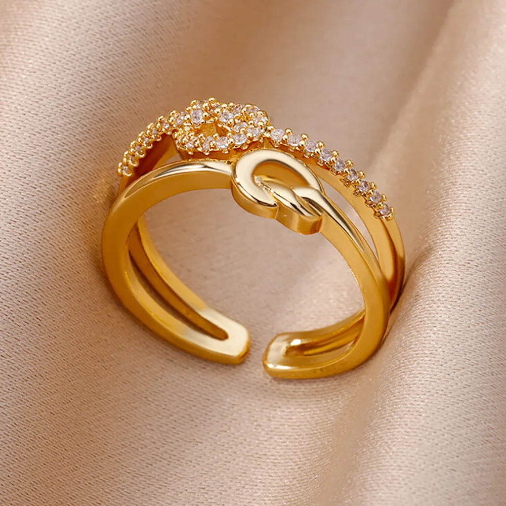 Gold Plated Stainless Steel Crystal Rings For Women Chain Geometry Zircon Finger Ring Jewelry Gift anillos mujer 2025 New Trendy