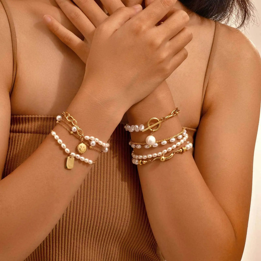 Vnox Gold Plated Bead Pearl Chain Bracelet For Women, Charm Multilayer Wristband, Stainless Steel Waterproof Jewelry