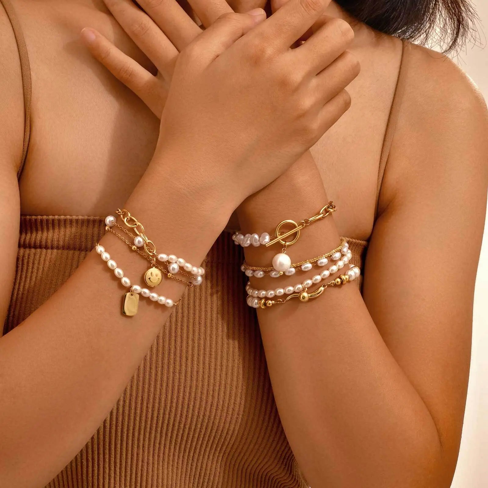 Vnox Gold Plated Bead Pearl Chain Bracelet For Women, Charm Multilayer Wristband, Stainless Steel Waterproof Jewelry