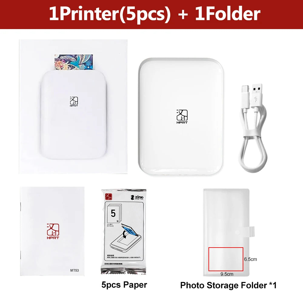 HPRT MT53 Portable Photo Printer Pocket Zink Technology Bluetooth Print 2x3'' Sticky-Backed Photo Paper Machine with Papers Case