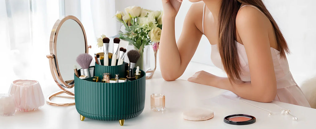 360° Rotate Makeup Brush Holder Organizer 5 Slot Multi-Purpose Desktop Storage Cup Holder Organizers Storage for Vanity Bathroom