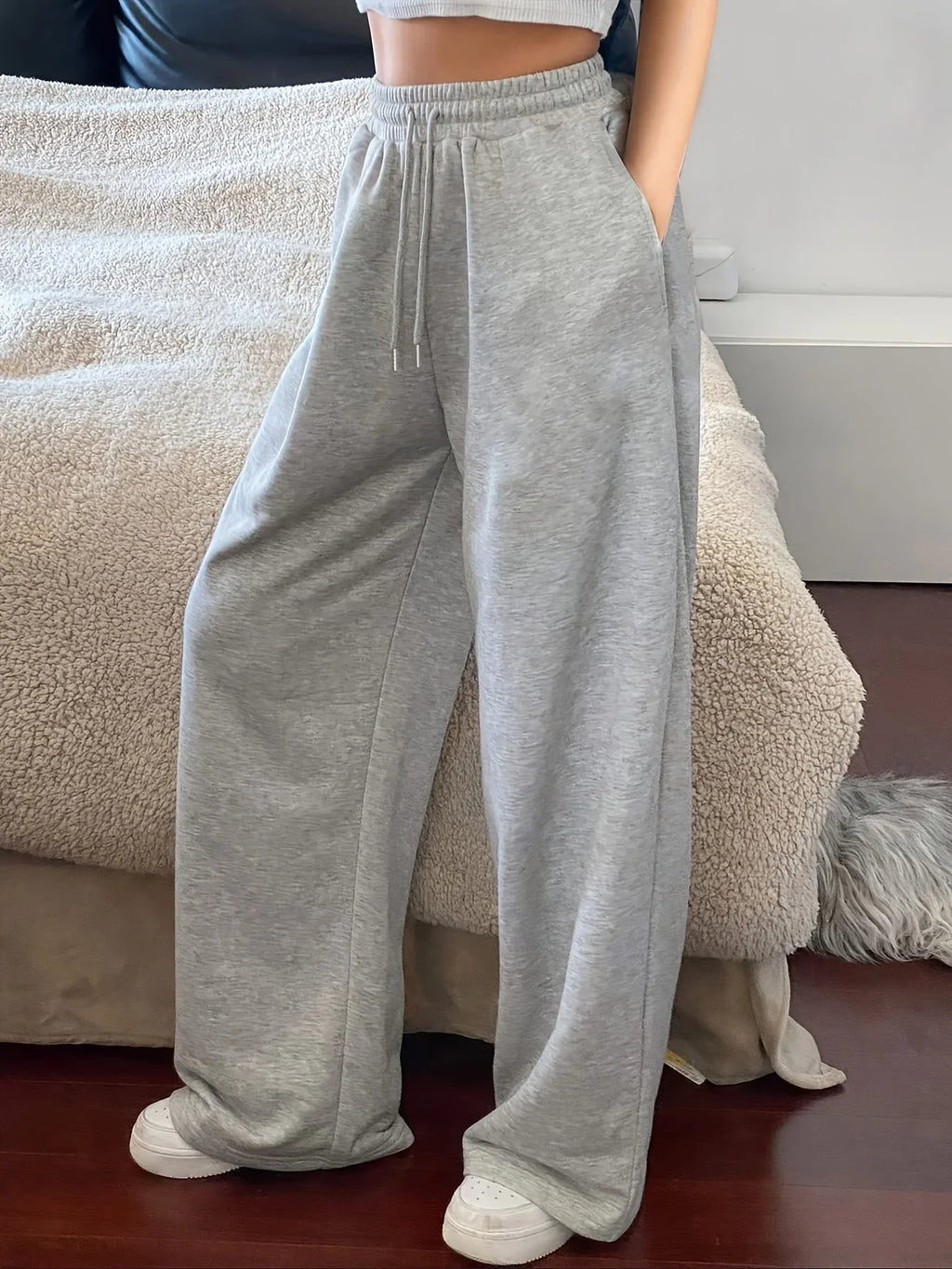 Women'S Casual Wide-Leg Joggers with Elastic Waistband Pockets Solid Color Stretchy Comfort Fit All-Season Comfort
