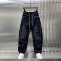 Spring Autumn 2025 New Splicing Cutting Elastic Waist Large Size Boys Washed Loose Wide Leg Big Pocket Scimitar Drawstring Jeans