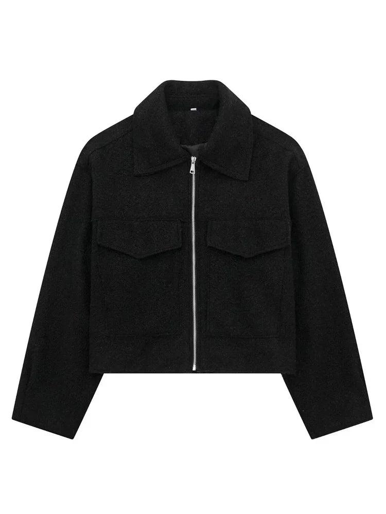 Knit Fashion Warm Jackets Coat Women's Zipper Pocket Solid Lapel Loose Commute Stitch Sweatshirt Female Autumn Jackets New