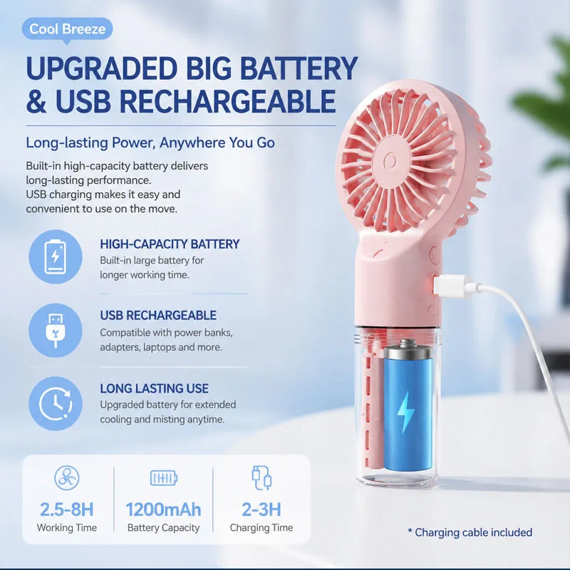 Water Mist Fan Portable Humidifier Small Handheld Spray Fan 4-speed Wind, Strong Wind Force Outdoor Travel Water Spray Fan