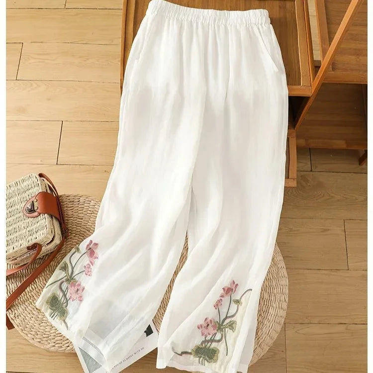Loose Cotton Linen Pants with Embroidery for Women Summer New Style Thin Slimming Casual Trousers Vintage Artistic Large Size