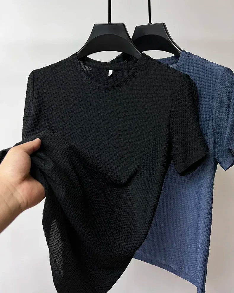 Summer Ice Silk High-End Solid Color High Quality Short Sleeve T Shirts Men's Breathable Fashion T-Shirt Male Brand Clothes 6XL