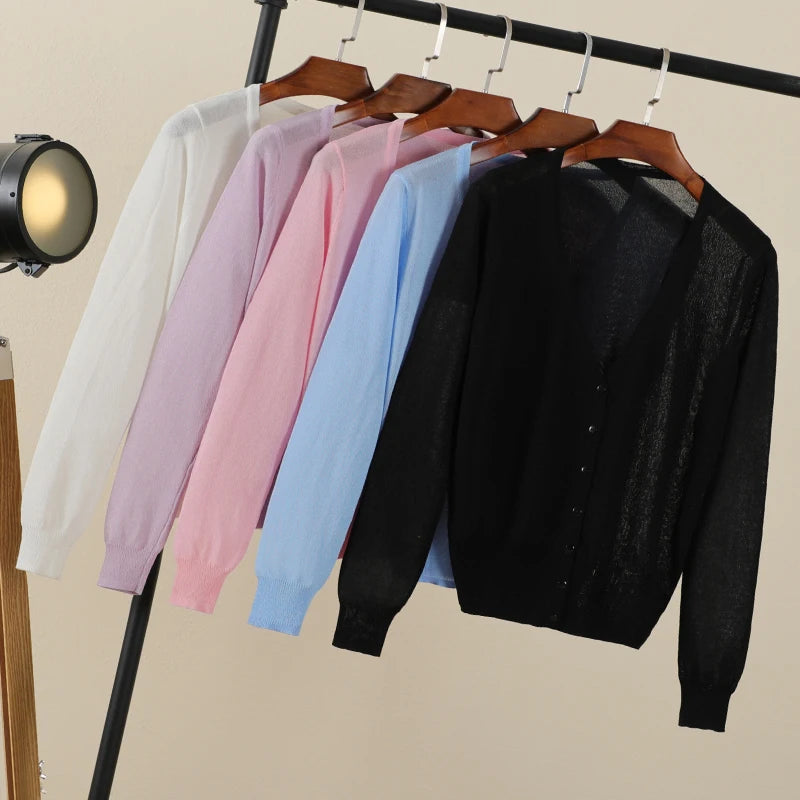 Summer Cardigan Women Cropped Korean Fashion Style Female Black Women's Coat Clothing V-neck Ladies Sweater Outerwear Cute Basic
