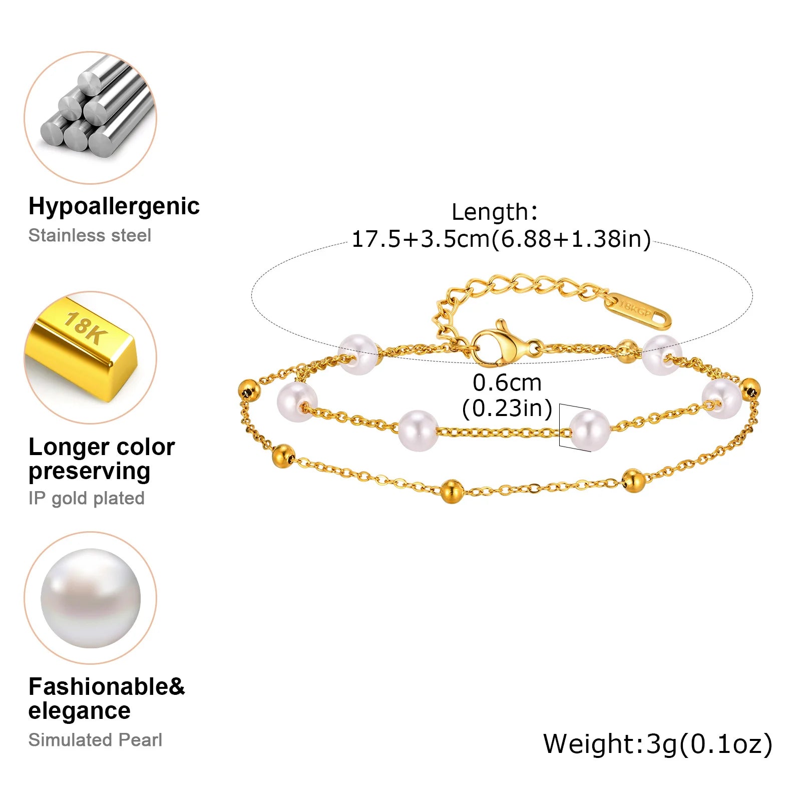 Vnox Gold Plated Bead Pearl Chain Bracelet For Women, Charm Multilayer Wristband, Stainless Steel Waterproof Jewelry