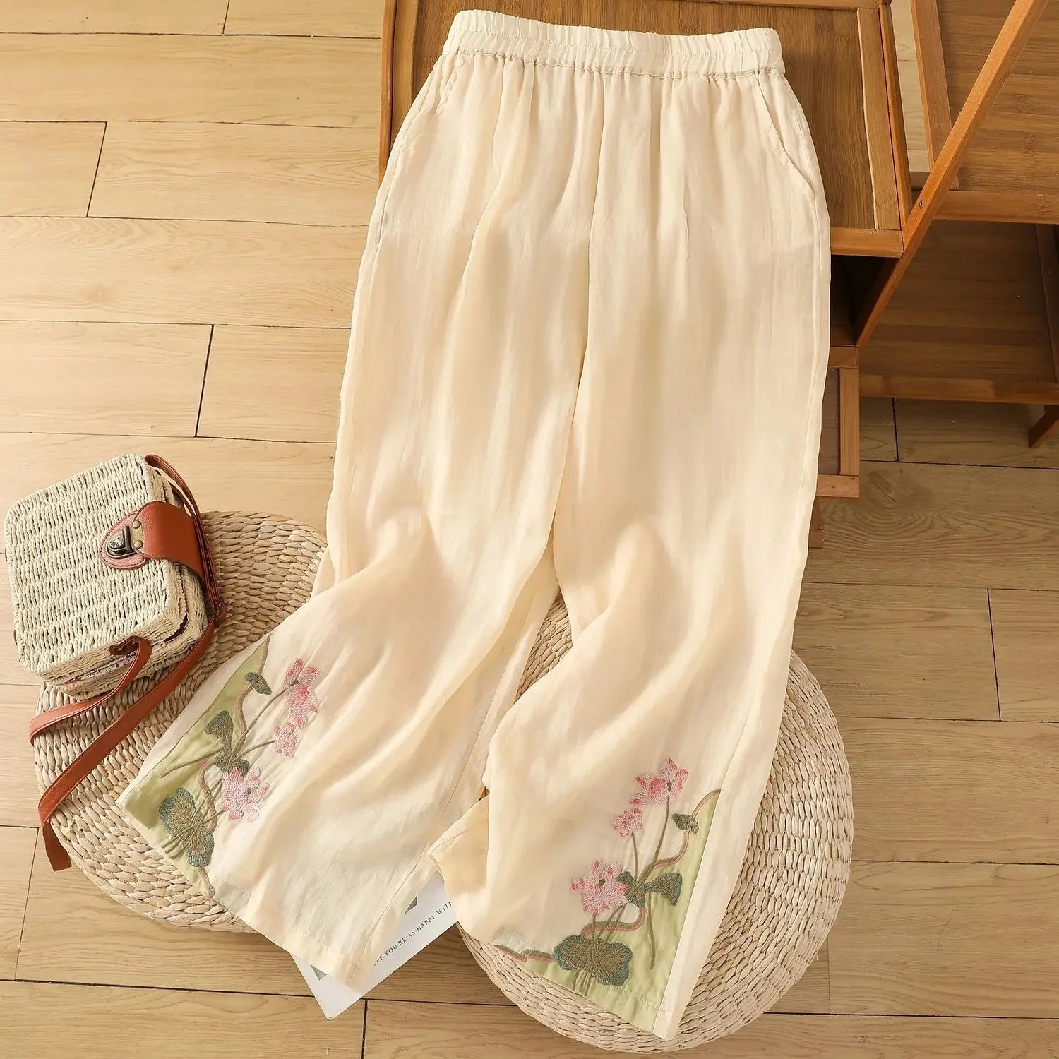 Loose Cotton Linen Pants with Embroidery for Women Summer New Style Thin Slimming Casual Trousers Vintage Artistic Large Size