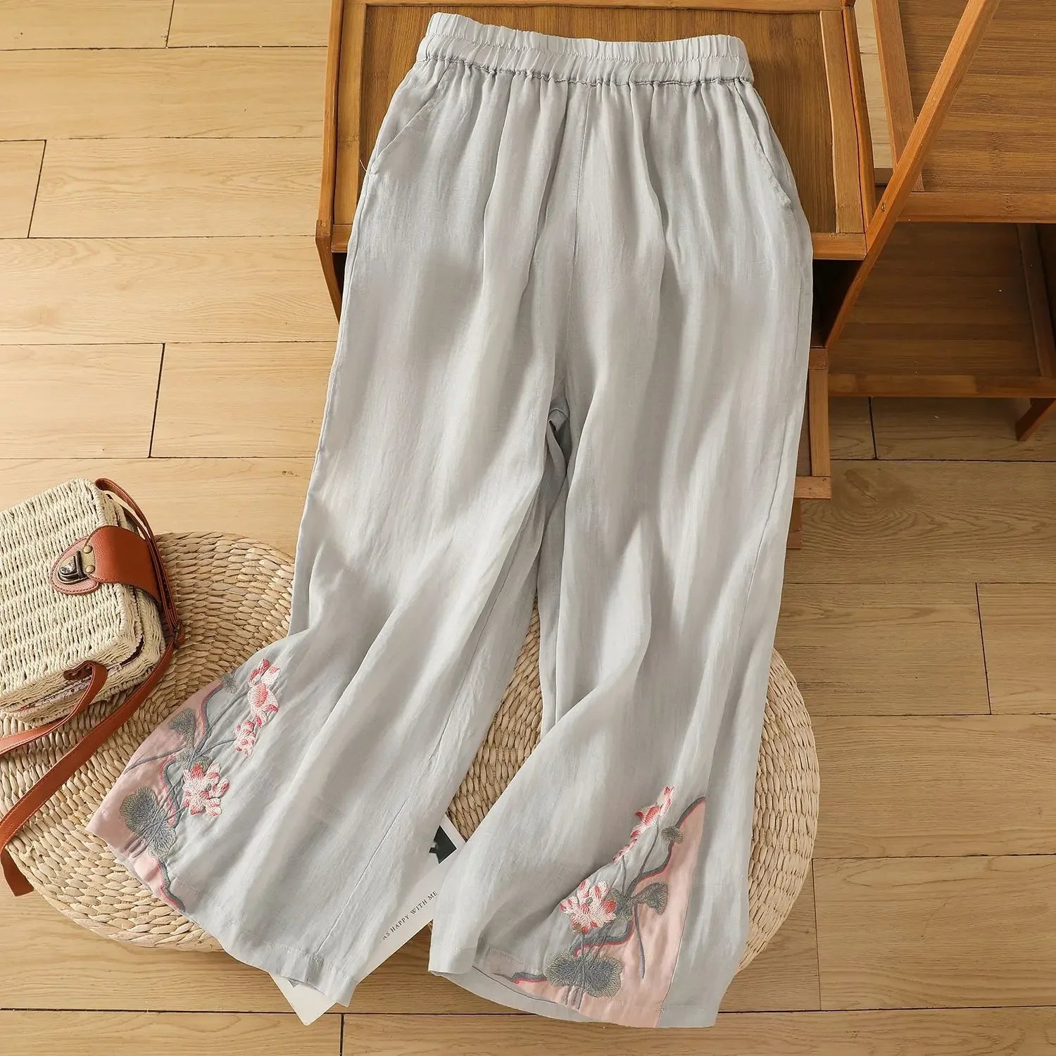 Loose Cotton Linen Pants with Embroidery for Women Summer New Style Thin Slimming Casual Trousers Vintage Artistic Large Size