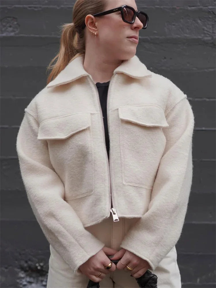 Knit Fashion Warm Jackets Coat Women's Zipper Pocket Solid Lapel Loose Commute Stitch Sweatshirt Female Autumn Jackets New