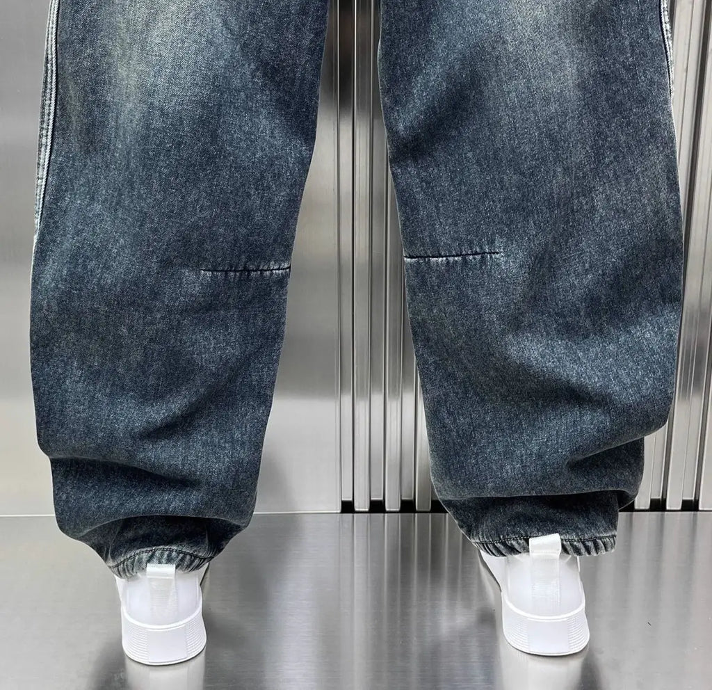 Spring Autumn 2025 New Splicing Cutting Elastic Waist Large Size Boys Washed Loose Wide Leg Big Pocket Scimitar Drawstring Jeans