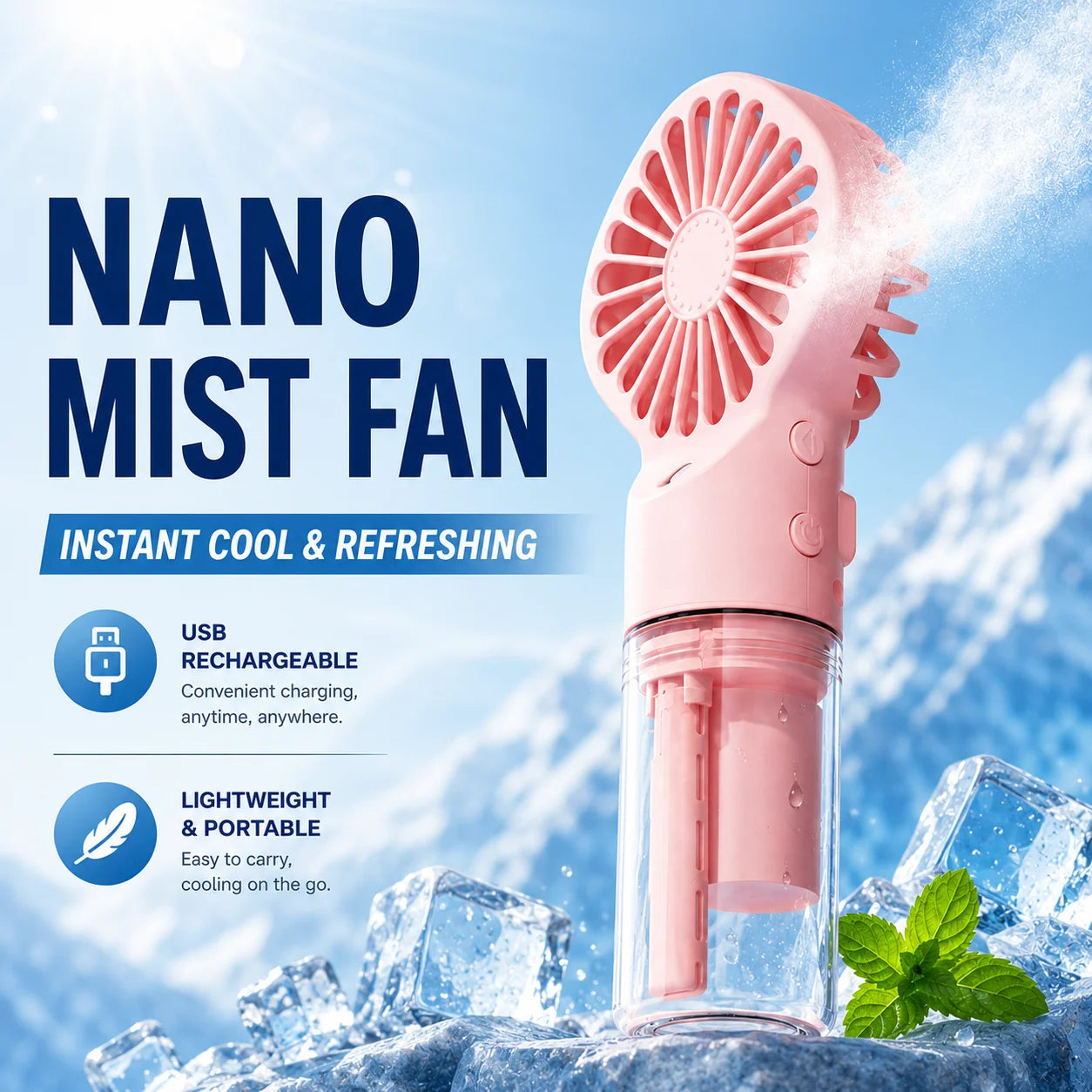 Water Mist Fan Portable Humidifier Small Handheld Spray Fan 4-speed Wind, Strong Wind Force Outdoor Travel Water Spray Fan