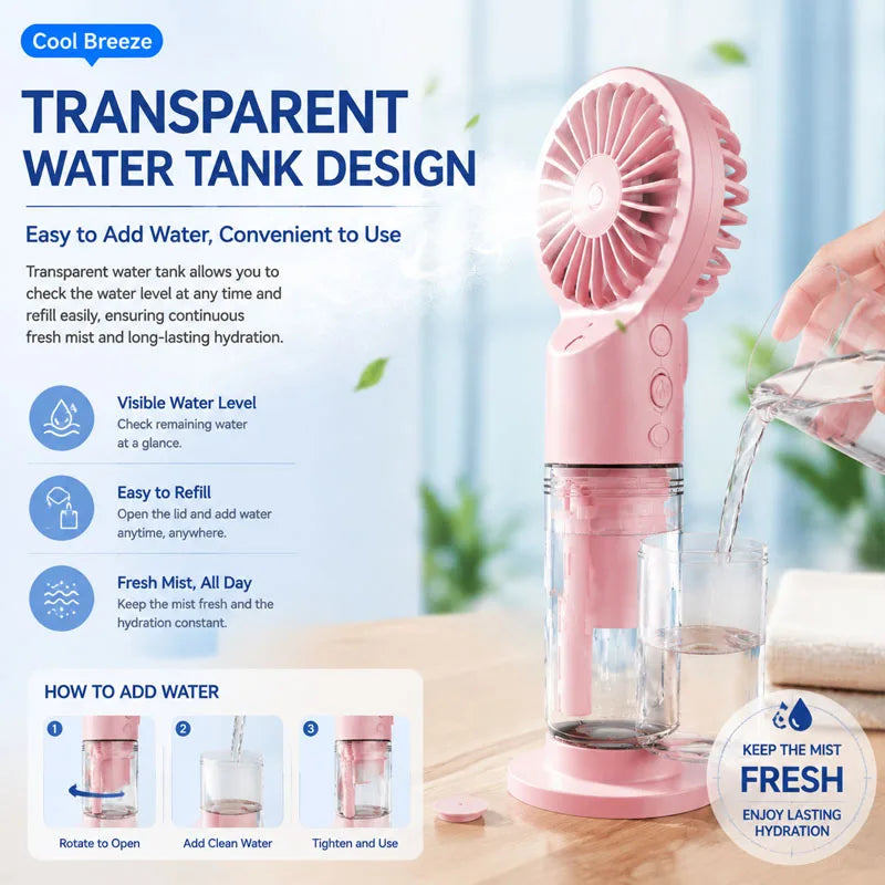 Water Mist Fan Portable Humidifier Small Handheld Spray Fan 4-speed Wind, Strong Wind Force Outdoor Travel Water Spray Fan