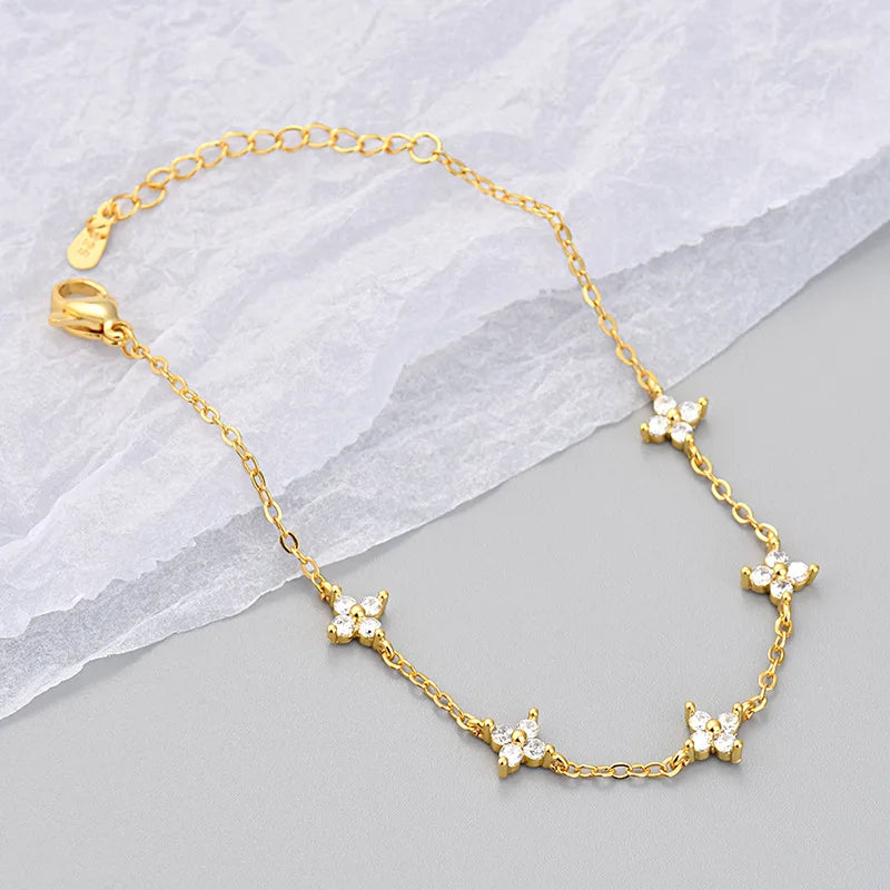 925 Silver Plated Cz Four-leaf Flower Bracelet for Women Shiny Zircon Flower Adjustable Link Chain Bracelet Cute Dainty Jewelry