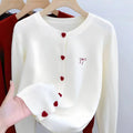 2026 Korean Casual Solid Knitting Tops Women Knitted Cardigan Bow Embroidery O-Neck Single Breasted Heart-shaped Button Sweater