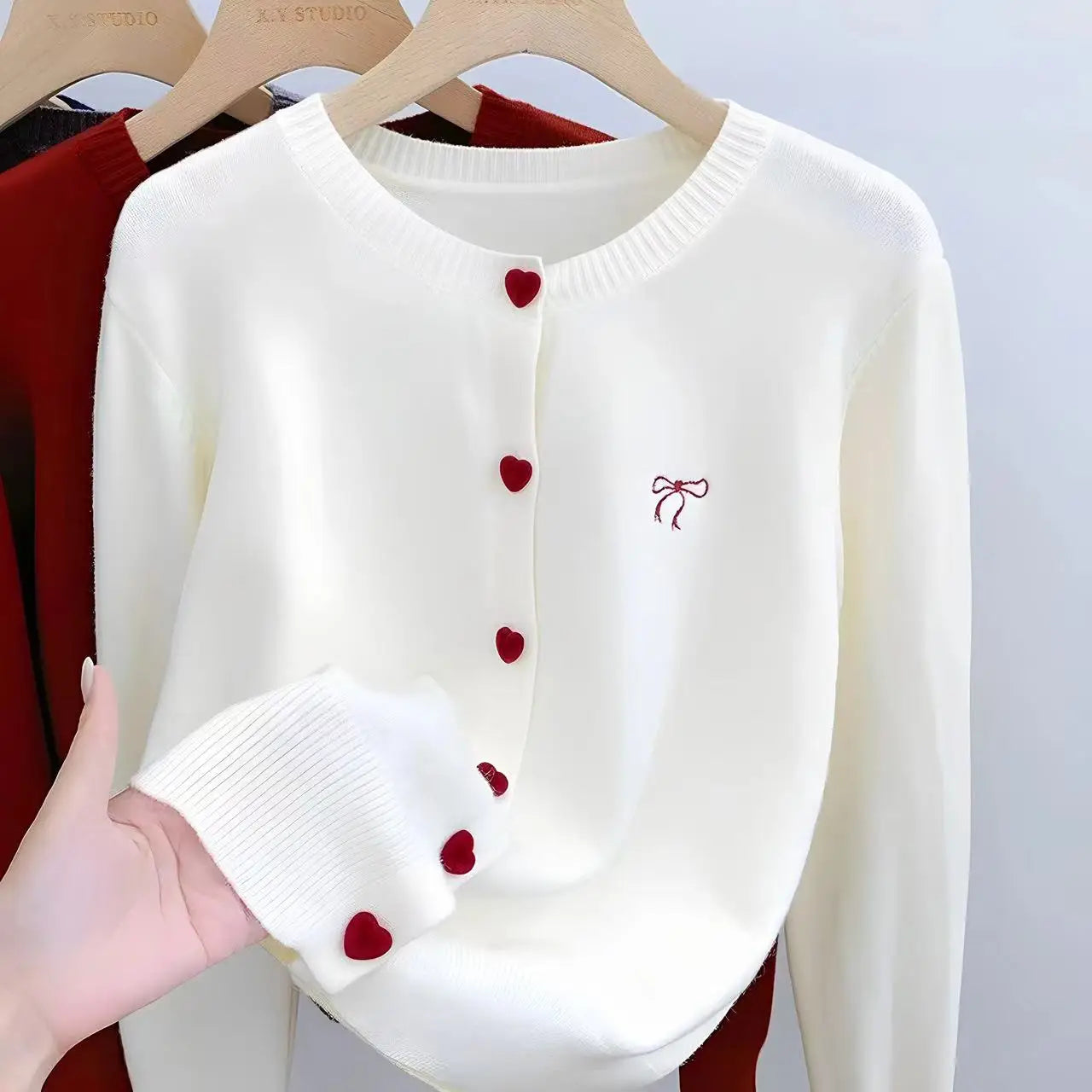 2026 Korean Casual Solid Knitting Tops Women Knitted Cardigan Bow Embroidery O-Neck Single Breasted Heart-shaped Button Sweater