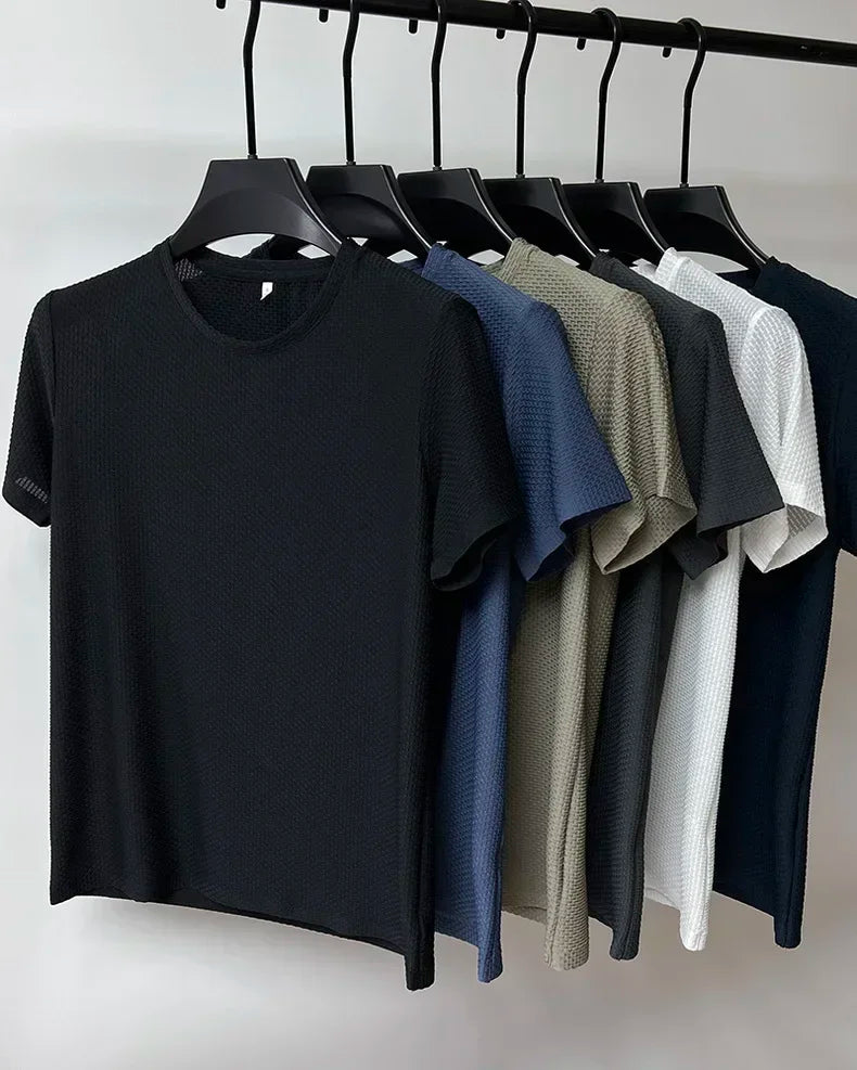 Summer Ice Silk High-End Solid Color High Quality Short Sleeve T Shirts Men's Breathable Fashion T-Shirt Male Brand Clothes 6XL