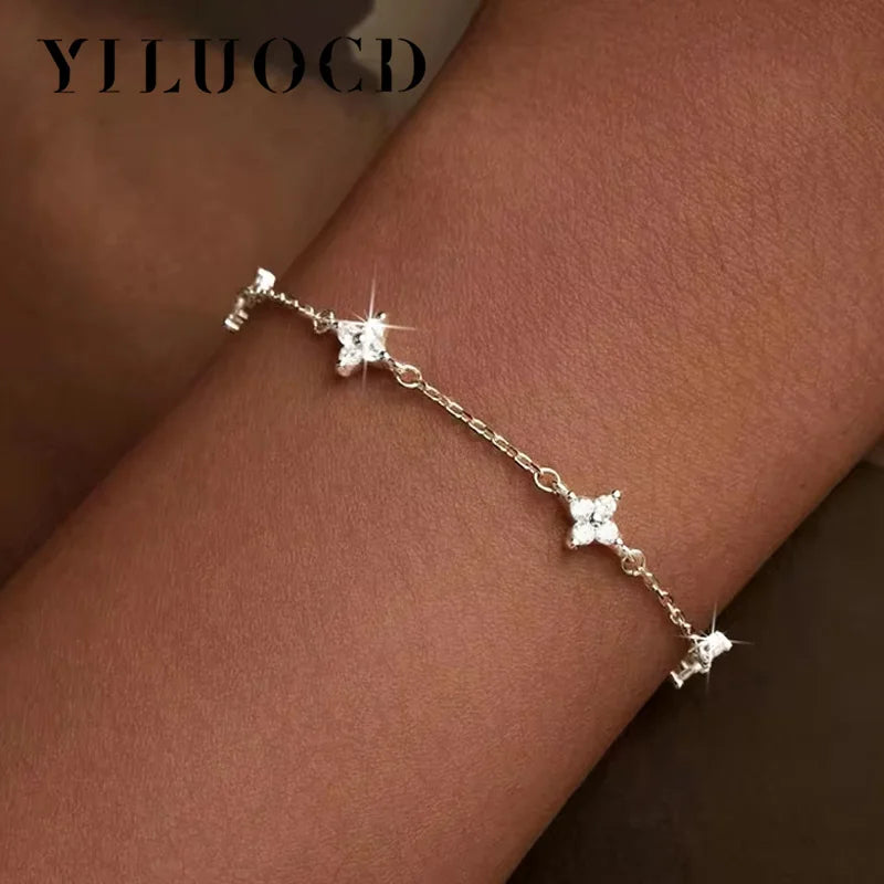 925 Silver Plated Cz Four-leaf Flower Bracelet for Women Shiny Zircon Flower Adjustable Link Chain Bracelet Cute Dainty Jewelry