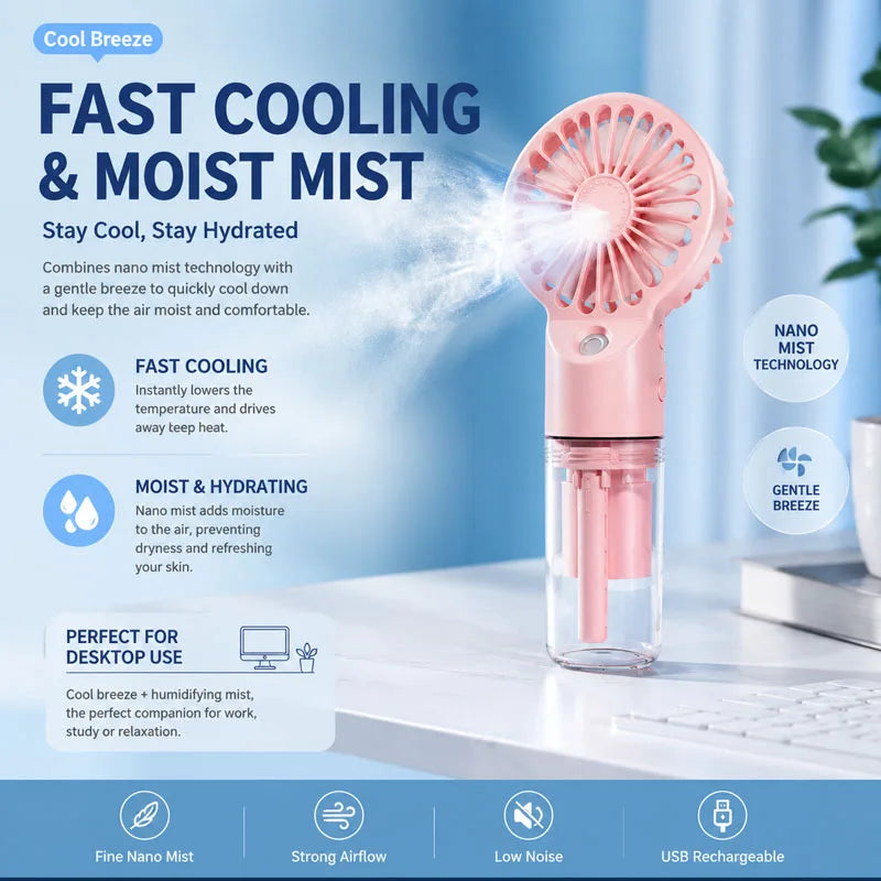 Water Mist Fan Portable Humidifier Small Handheld Spray Fan 4-speed Wind, Strong Wind Force Outdoor Travel Water Spray Fan