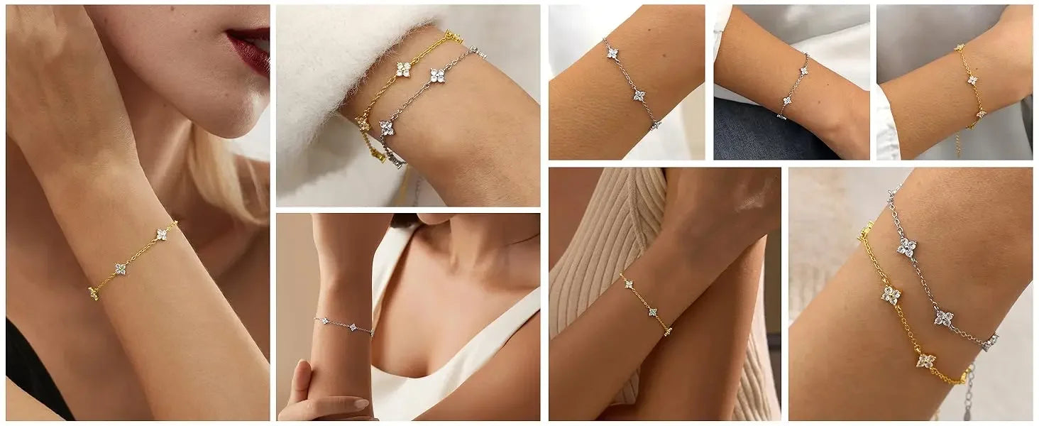925 Silver Plated Cz Four-leaf Flower Bracelet for Women Shiny Zircon Flower Adjustable Link Chain Bracelet Cute Dainty Jewelry