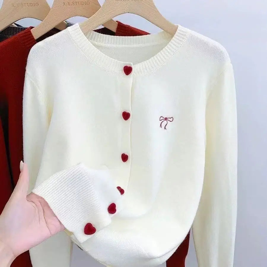 2026 Korean Casual Solid Knitting Tops Women Knitted Cardigan Bow Embroidery O-Neck Single Breasted Heart-shaped Button Sweater