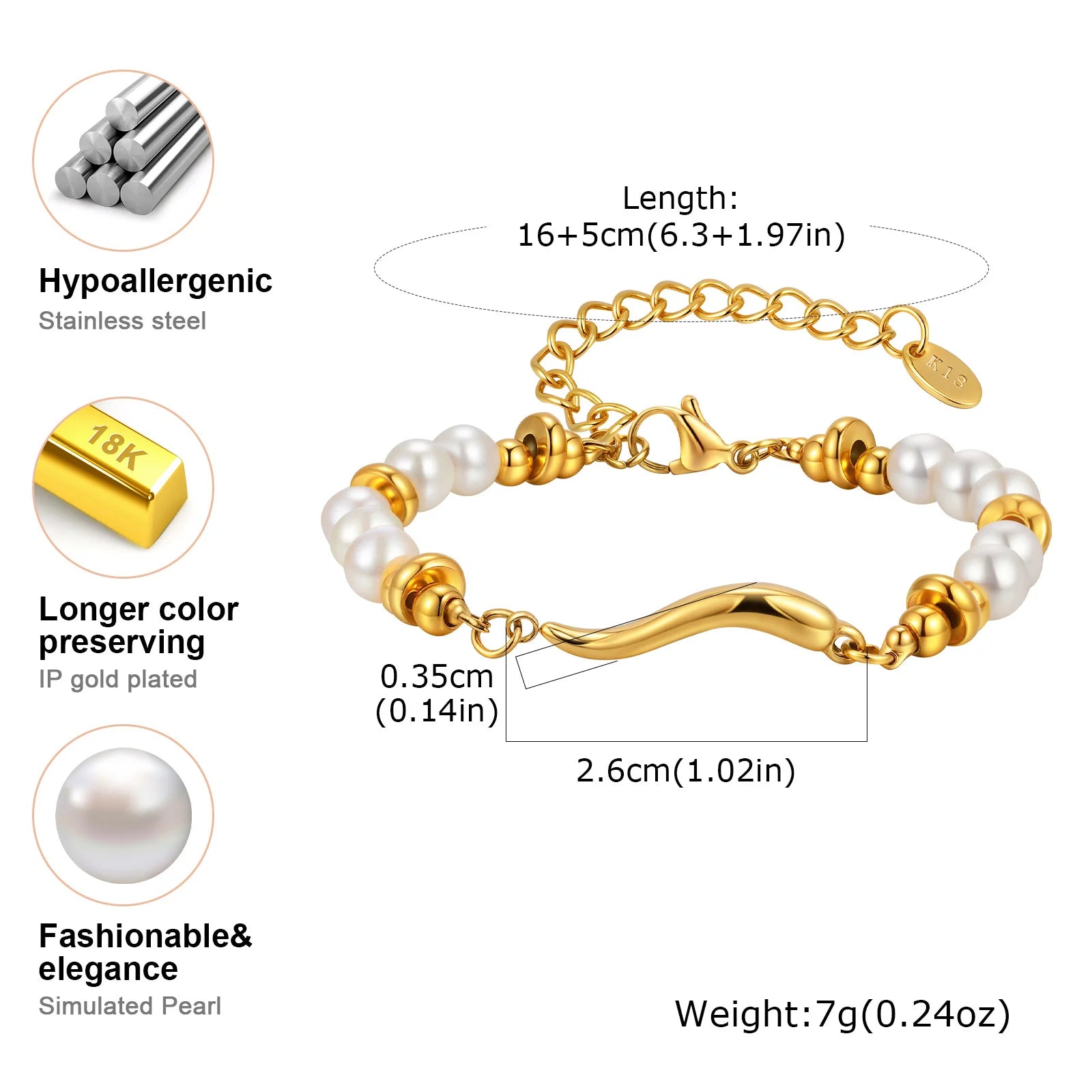 Vnox Gold Plated Bead Pearl Chain Bracelet For Women, Charm Multilayer Wristband, Stainless Steel Waterproof Jewelry