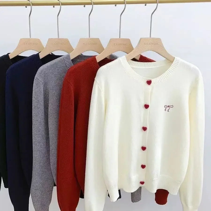 2026 Korean Casual Solid Knitting Tops Women Knitted Cardigan Bow Embroidery O-Neck Single Breasted Heart-shaped Button Sweater