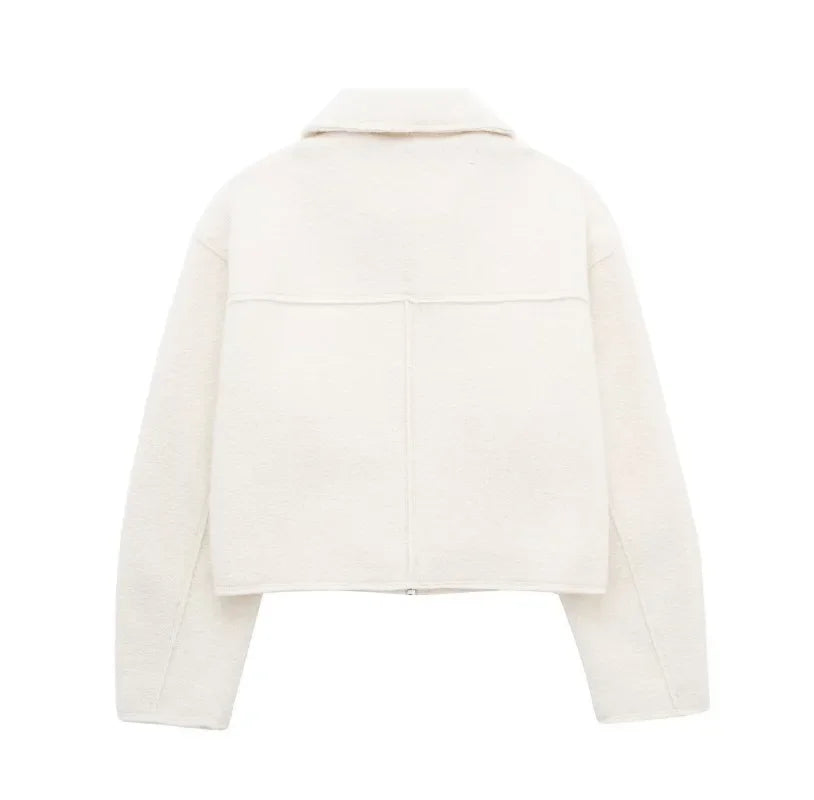 Knit Fashion Warm Jackets Coat Women's Zipper Pocket Solid Lapel Loose Commute Stitch Sweatshirt Female Autumn Jackets New