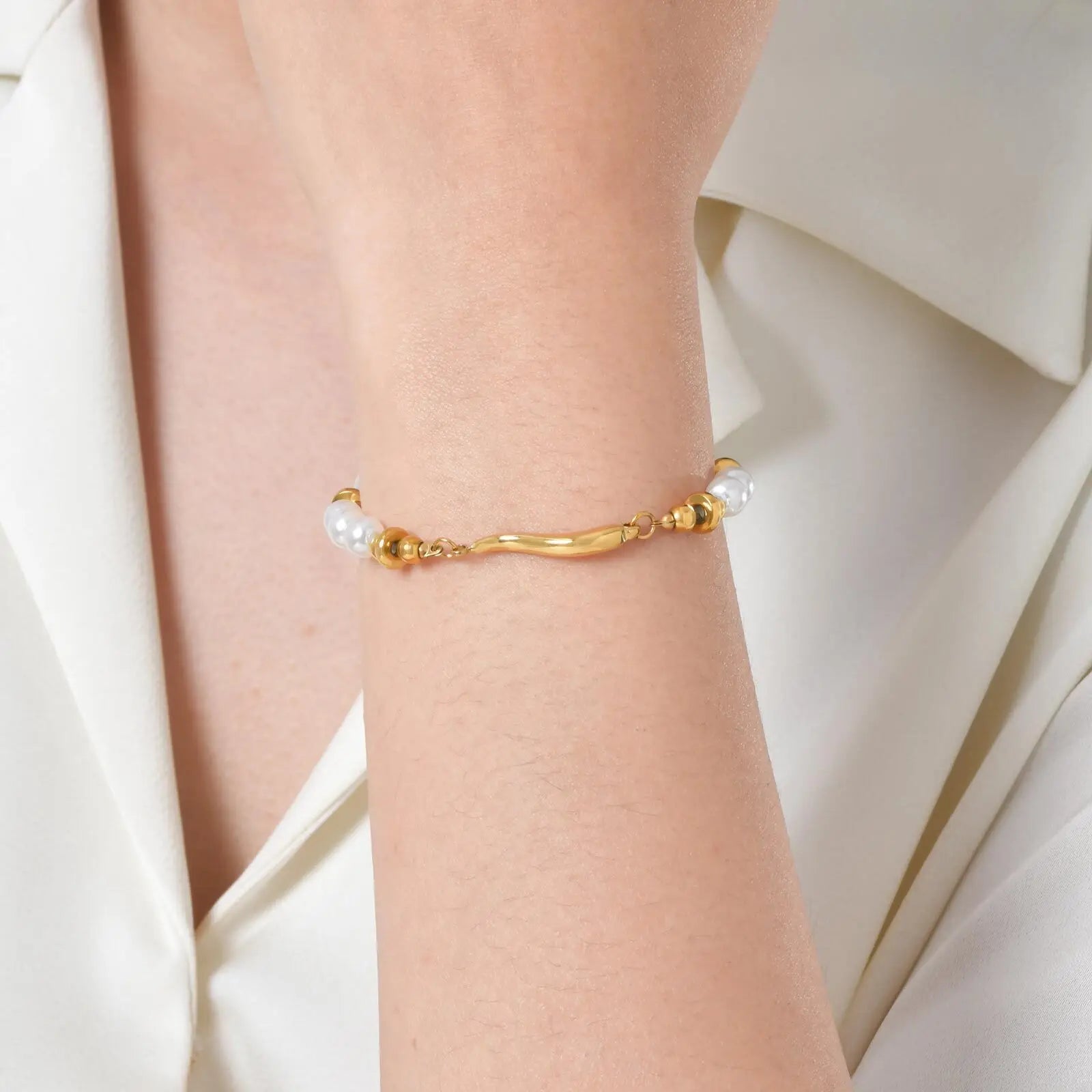 Vnox Gold Plated Bead Pearl Chain Bracelet For Women, Charm Multilayer Wristband, Stainless Steel Waterproof Jewelry