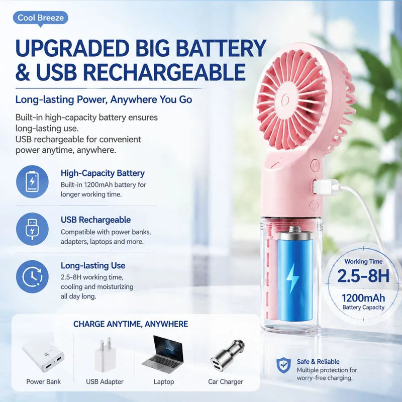 Water Mist Fan Portable Humidifier Small Handheld Spray Fan 4-speed Wind, Strong Wind Force Outdoor Travel Water Spray Fan