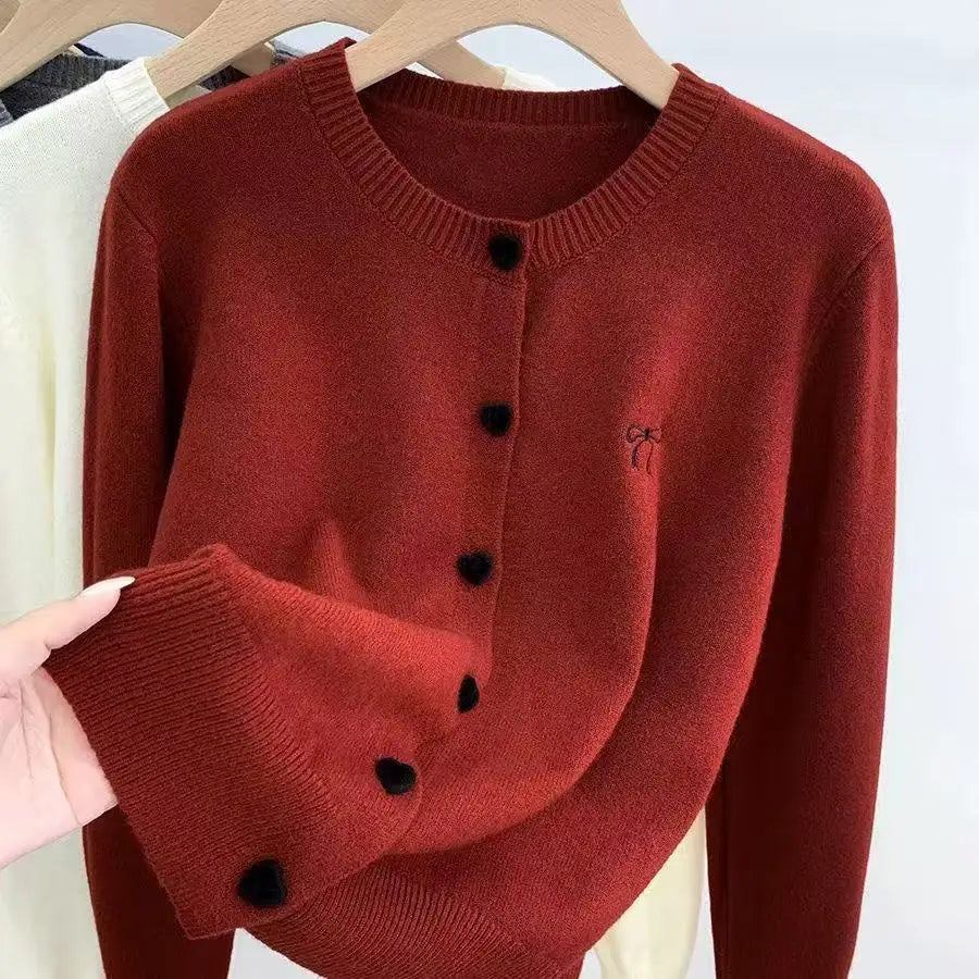 2026 Korean Casual Solid Knitting Tops Women Knitted Cardigan Bow Embroidery O-Neck Single Breasted Heart-shaped Button Sweater