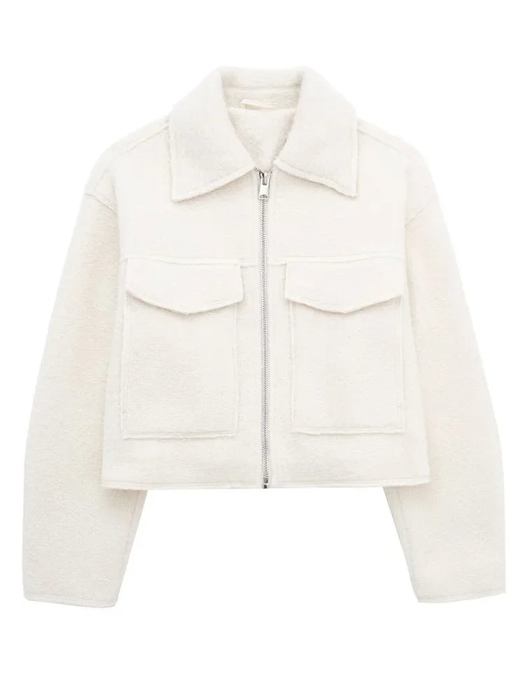Knit Fashion Warm Jackets Coat Women's Zipper Pocket Solid Lapel Loose Commute Stitch Sweatshirt Female Autumn Jackets New