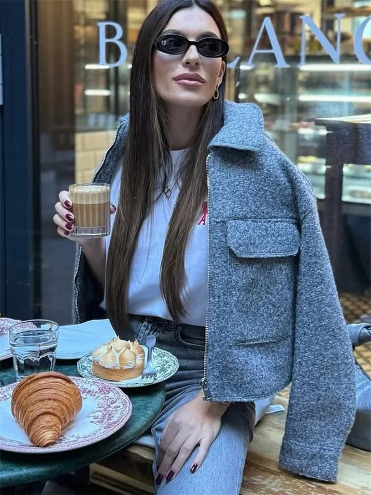 Knit Fashion Warm Jackets Coat Women's Zipper Pocket Solid Lapel Loose Commute Stitch Sweatshirt Female Autumn Jackets New