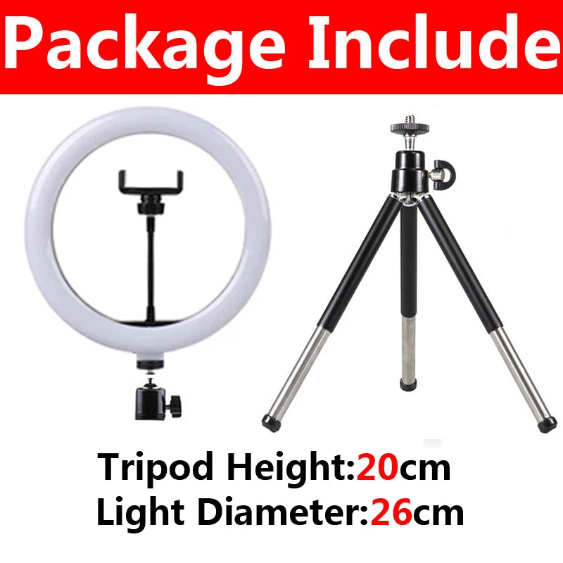 10 inch LED Selfie Ring Light Dimmable Photography Fill Lamp with Mini tripod for Mobile Phone Live Video Photo Studio Ringlight