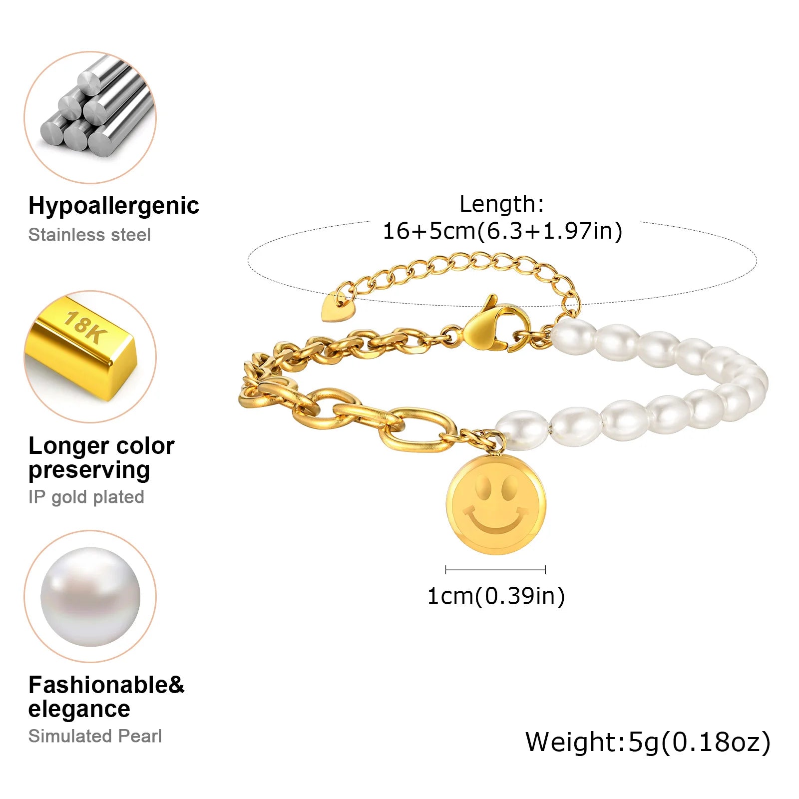 Vnox Gold Plated Bead Pearl Chain Bracelet For Women, Charm Multilayer Wristband, Stainless Steel Waterproof Jewelry
