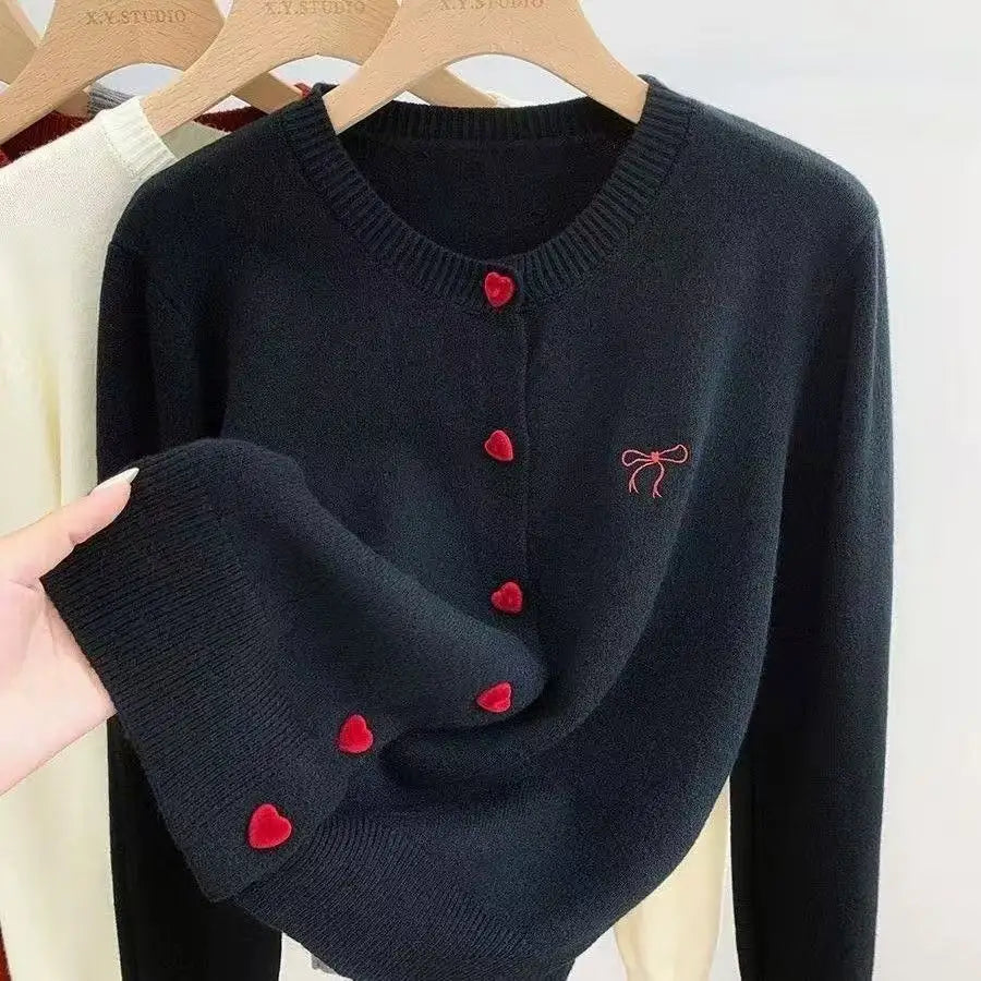 2026 Korean Casual Solid Knitting Tops Women Knitted Cardigan Bow Embroidery O-Neck Single Breasted Heart-shaped Button Sweater
