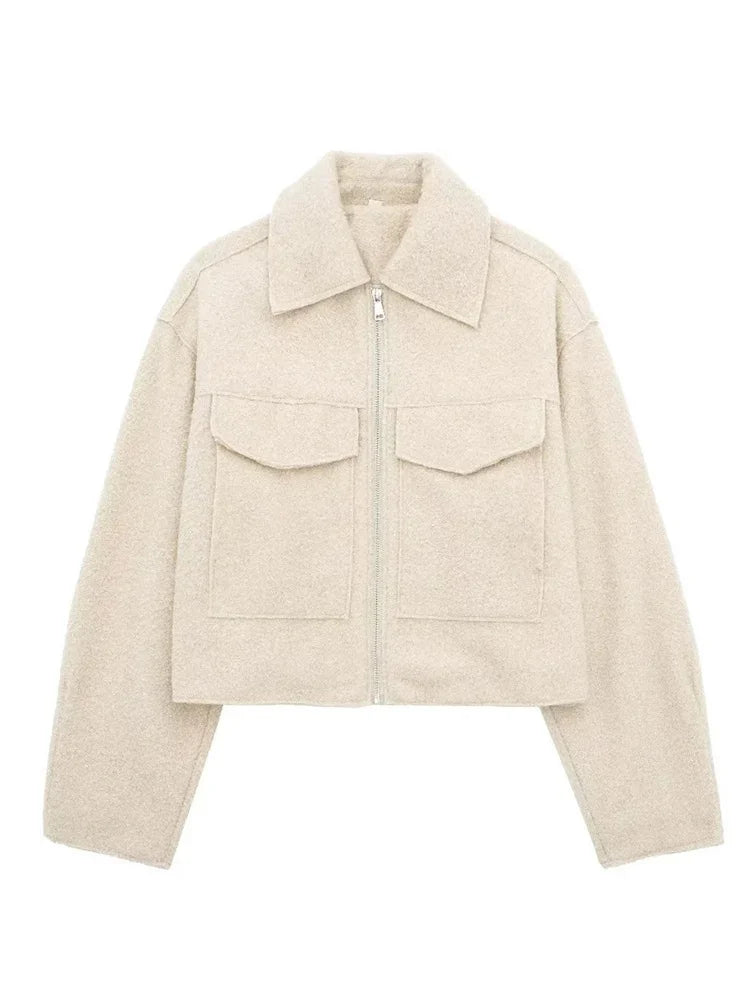 Knit Fashion Warm Jackets Coat Women's Zipper Pocket Solid Lapel Loose Commute Stitch Sweatshirt Female Autumn Jackets New