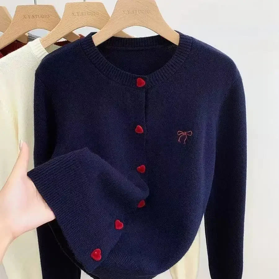 2026 Korean Casual Solid Knitting Tops Women Knitted Cardigan Bow Embroidery O-Neck Single Breasted Heart-shaped Button Sweater