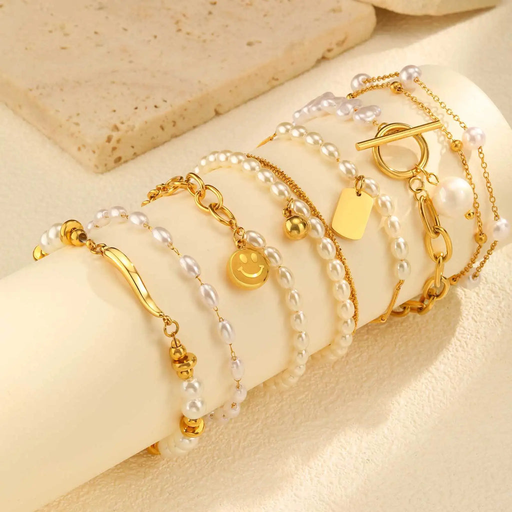 Vnox Gold Plated Bead Pearl Chain Bracelet For Women, Charm Multilayer Wristband, Stainless Steel Waterproof Jewelry