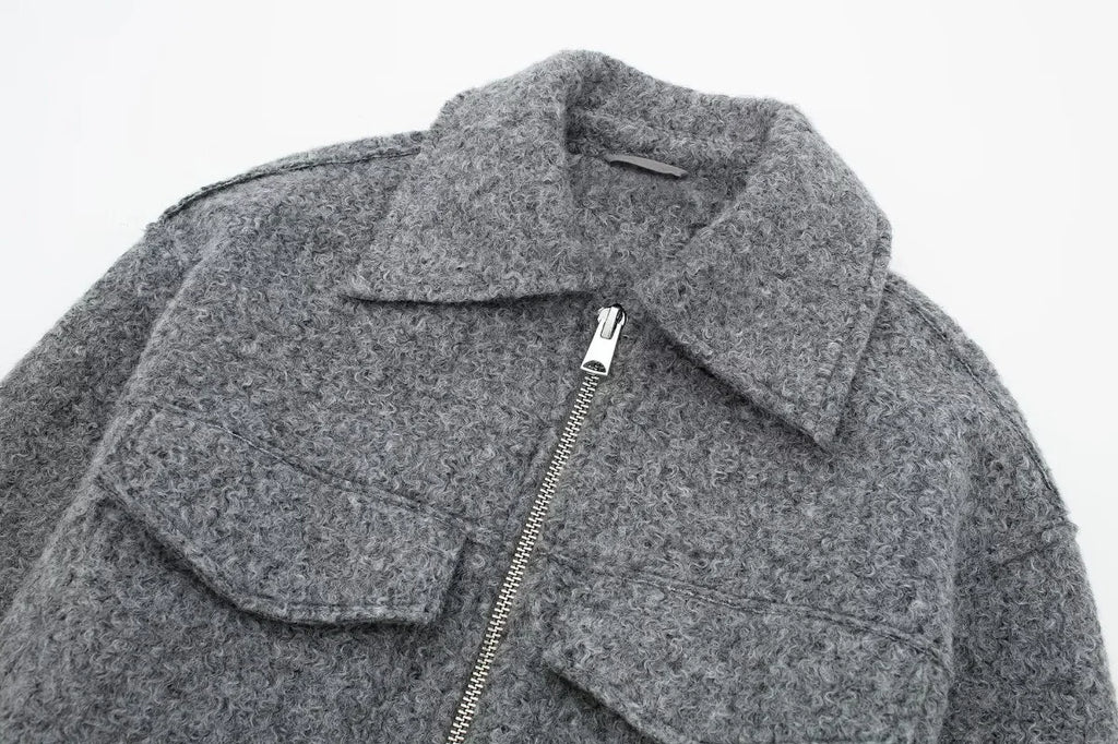 Knit Fashion Warm Jackets Coat Women's Zipper Pocket Solid Lapel Loose Commute Stitch Sweatshirt Female Autumn Jackets New