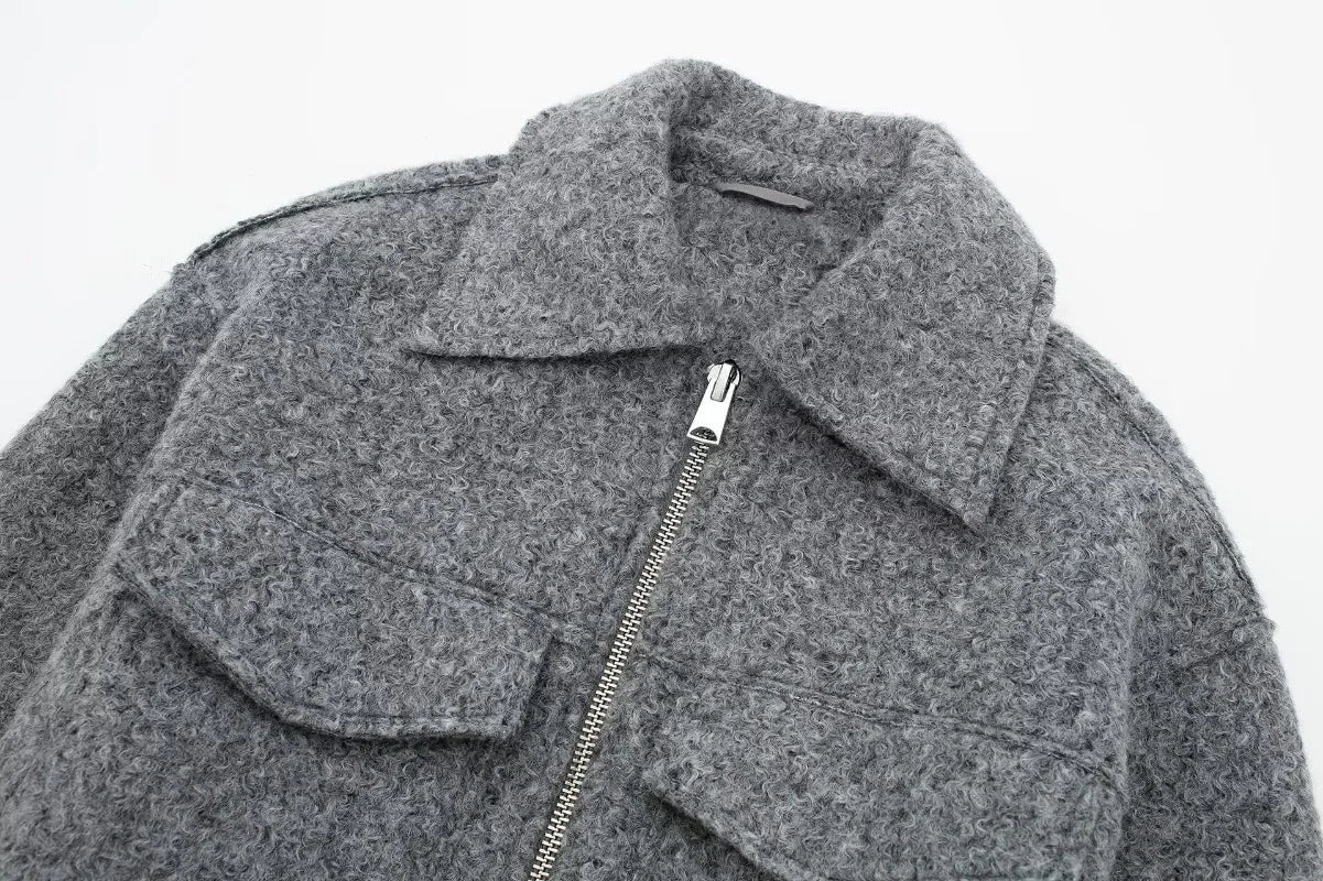 Knit Fashion Warm Jackets Coat Women's Zipper Pocket Solid Lapel Loose Commute Stitch Sweatshirt Female Autumn Jackets New