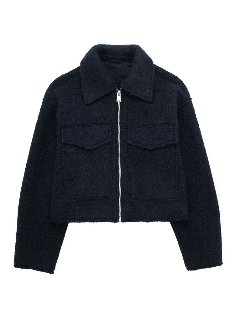 Knit Fashion Warm Jackets Coat Women's Zipper Pocket Solid Lapel Loose Commute Stitch Sweatshirt Female Autumn Jackets New