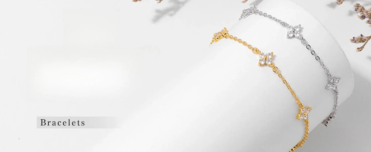 925 Silver Plated Cz Four-leaf Flower Bracelet for Women Shiny Zircon Flower Adjustable Link Chain Bracelet Cute Dainty Jewelry
